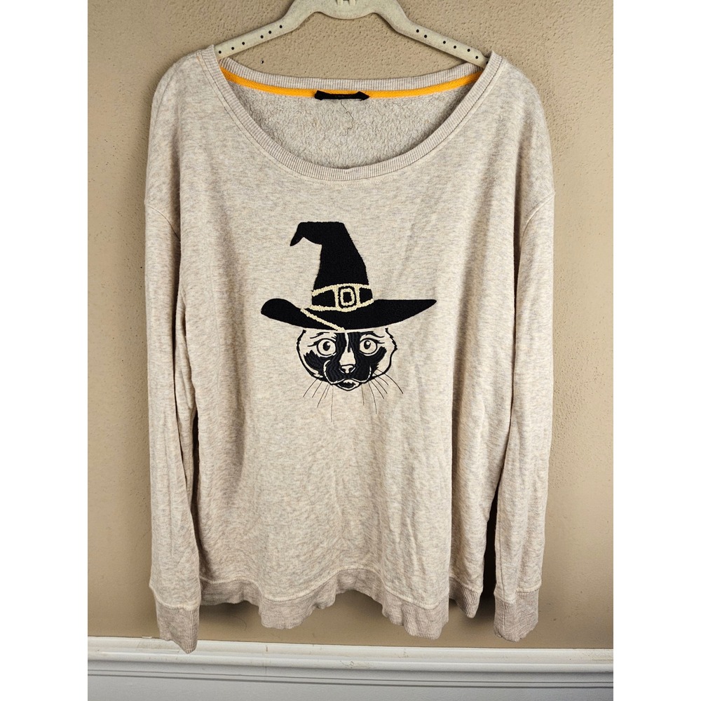 Jane & Delancey Womens Oatmeal Halloween Witch Cat Sweater Large